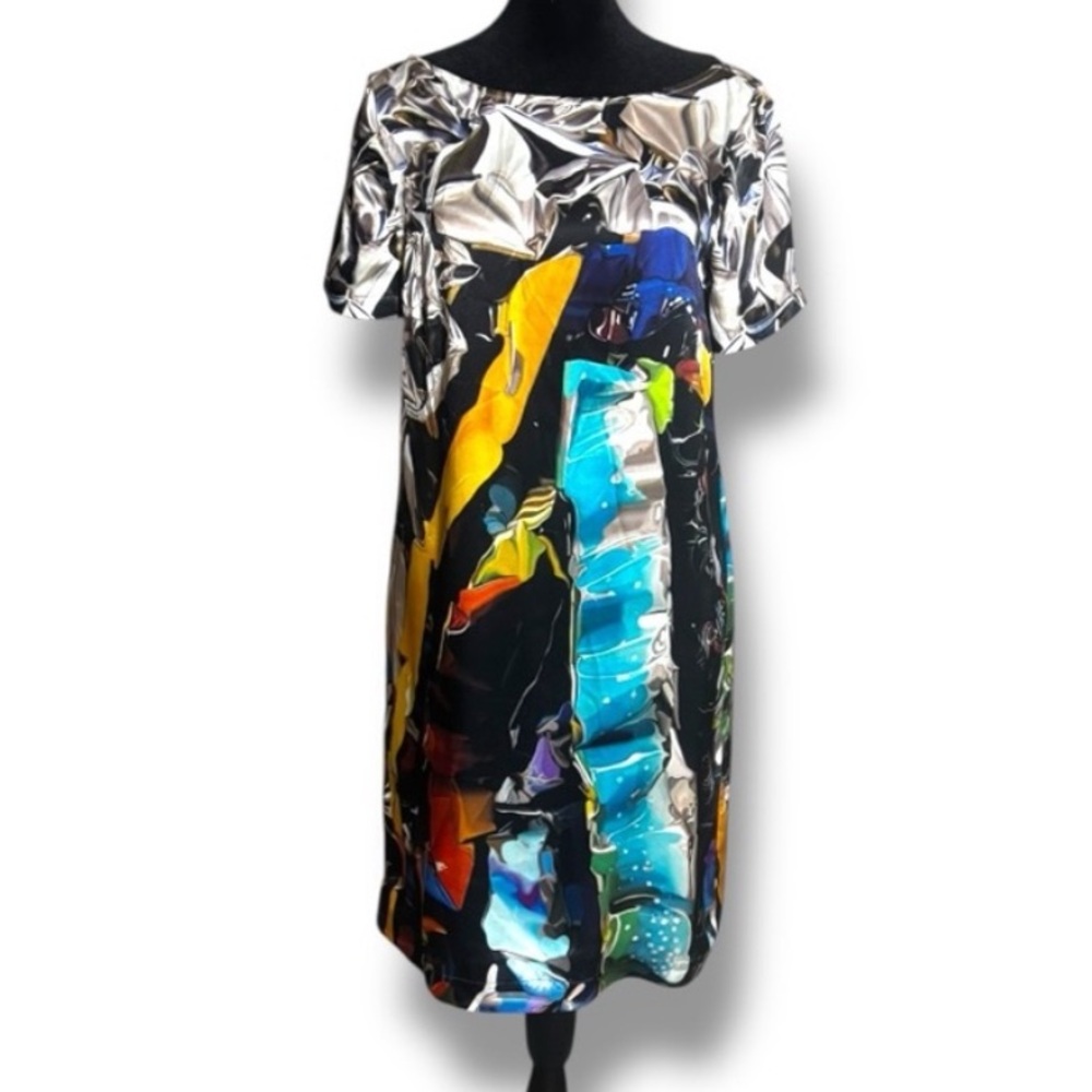 MARY KATRANTZOU Colorful Abstract Short Sleeve A-Line Silk Mini Dress